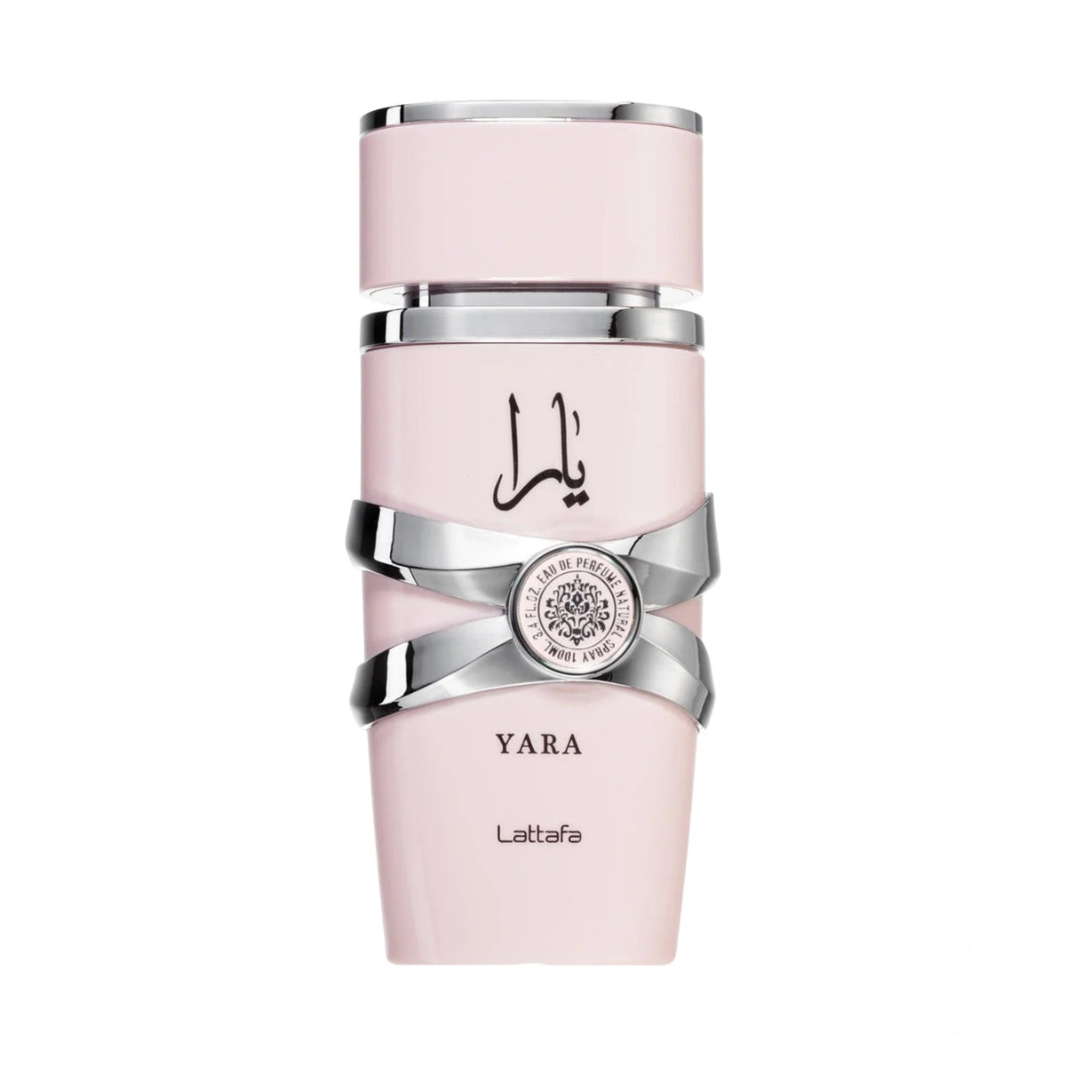 Lattafa Yara Eau de Parfum — soft pink bottle with silver accents
